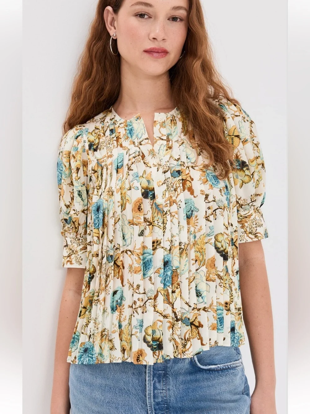 Ulla Johnson Ivory Floral Pintuck Cotton Blouse with Blue & Mustard